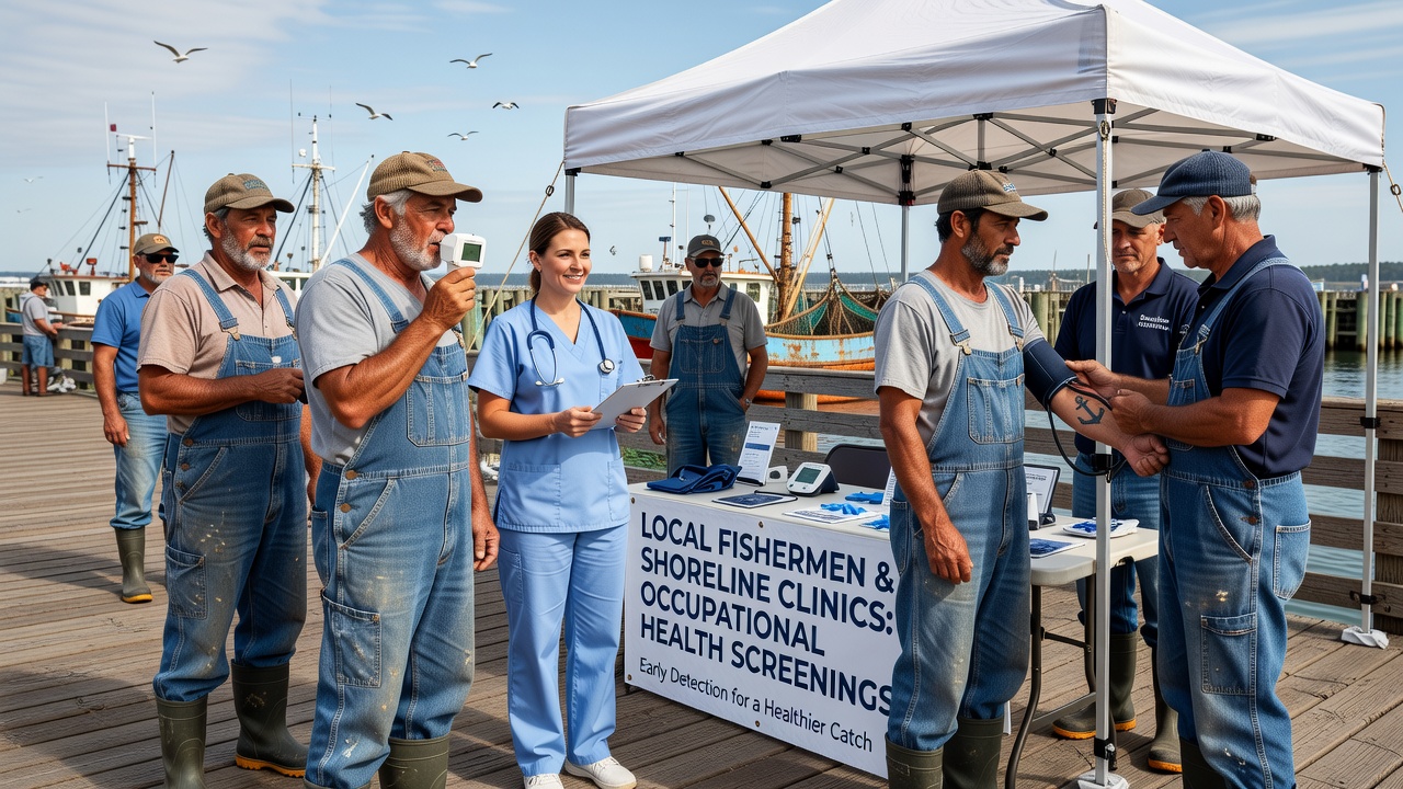 Healthcare workers conducting hearing and back assessments for fishermen at a mobile shoreline clinic station