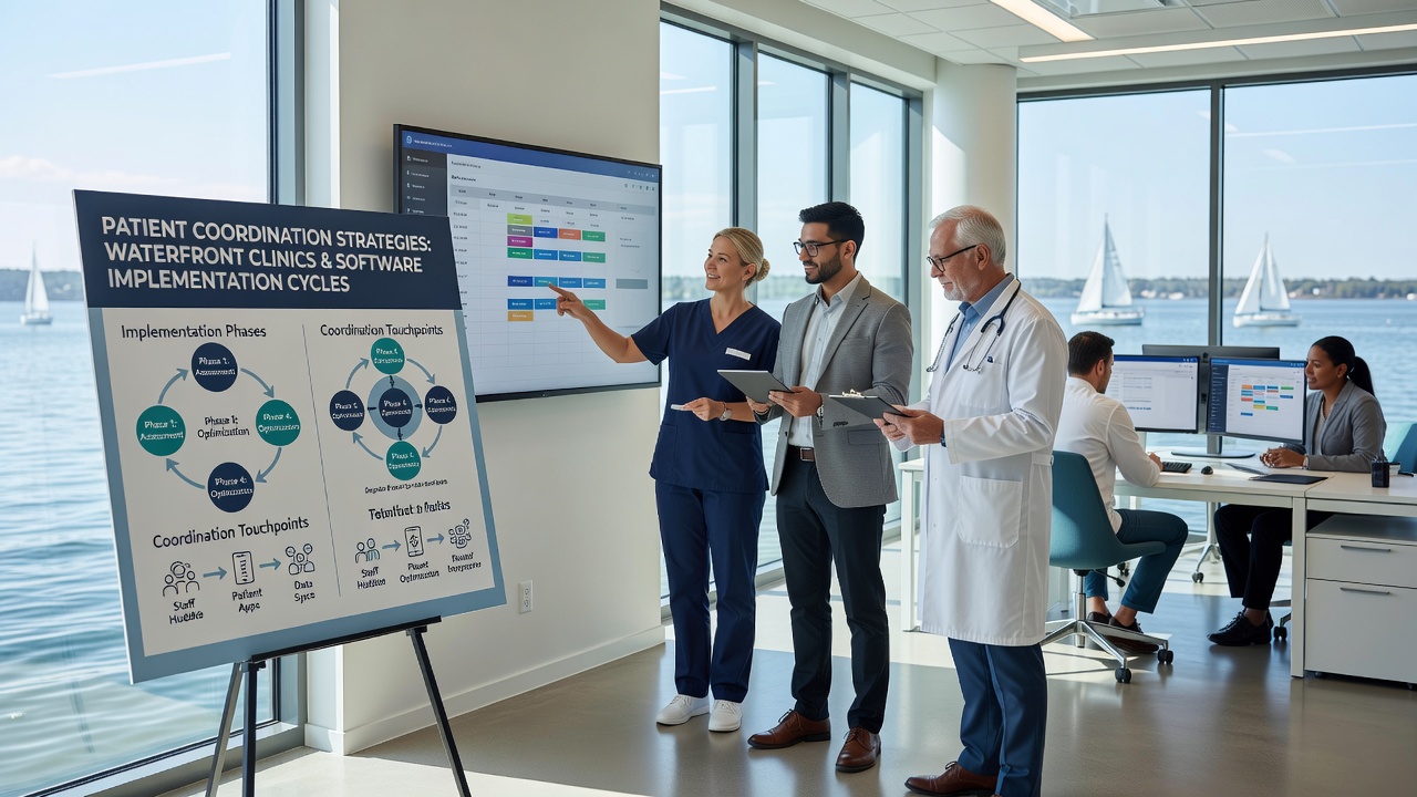 Healthcare team reviewing patient flow charts alongside new clinic software interface